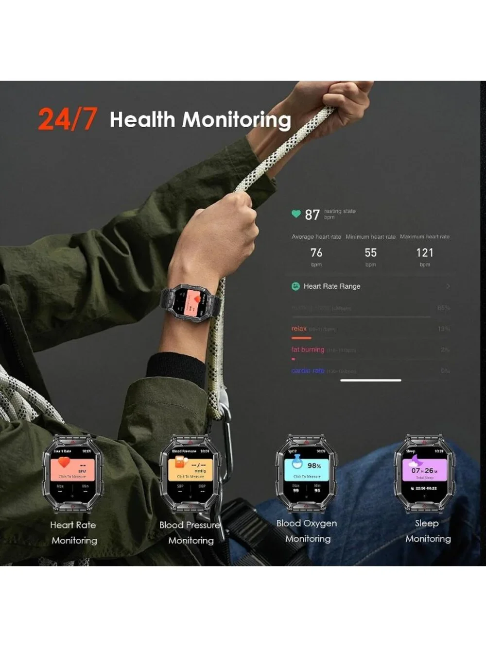 Black Waterproof Sports Fitness Tracker Smartwatch with Full Touch Display